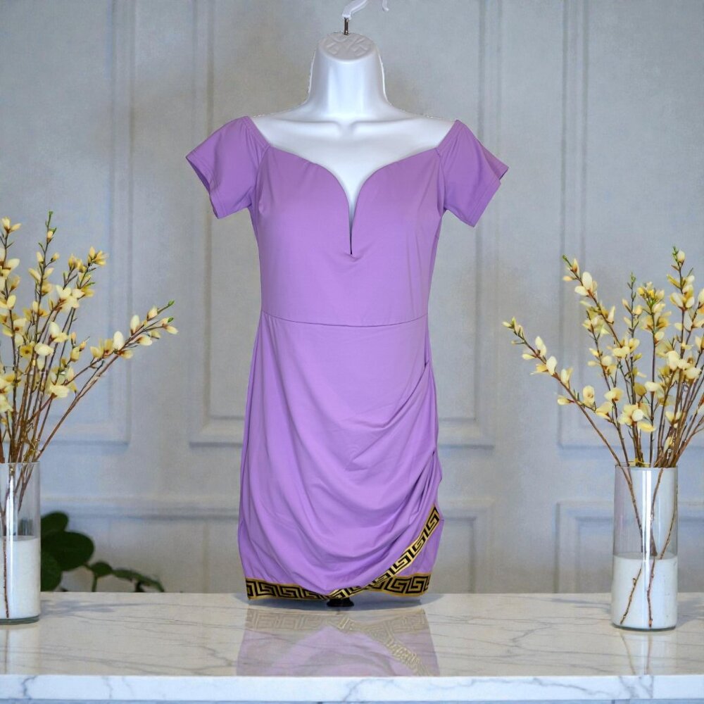 CEFIAN Lavender Bodycon Dress Gold Greek Key Hem Ruched mini Medium– NWT